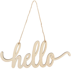 Wooden 'hello' sign hanging on a white background