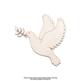 Wooden dove with outstretched wings holding an olive branch on a white background