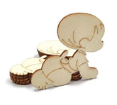 Wooden toy figure of a child with a basket on a white background