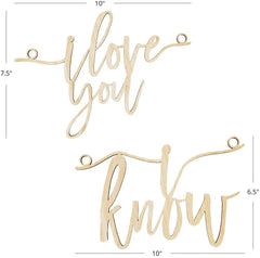 Wooden cutout signs with 'I love you' and 'I know' text, with measurements on a white background.