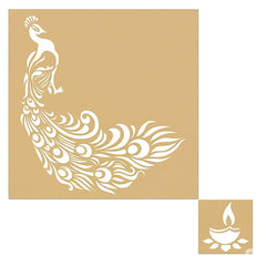 Decorative stencils with peacock design and candle on a gold background