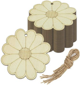 Flower-shaped wooden tags with string on a white background