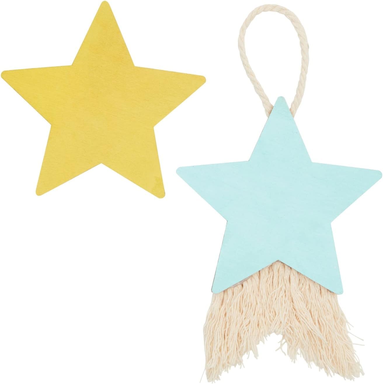 Two star-shaped decorations, one yellow and one light blue with tassels, on a white background.