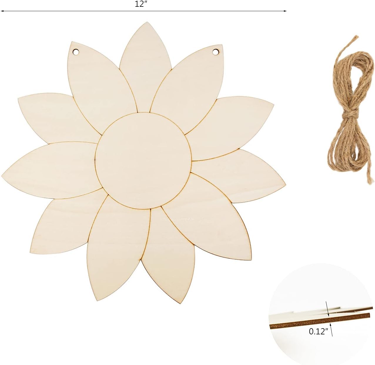 Wooden flower-shaped cutout with twine and wooden sticks on a white background