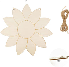 Wooden flower-shaped cutout with twine and wooden sticks on a white background