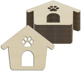 Stack of cardboard dog house-shaped cutouts with paw prints on a white background