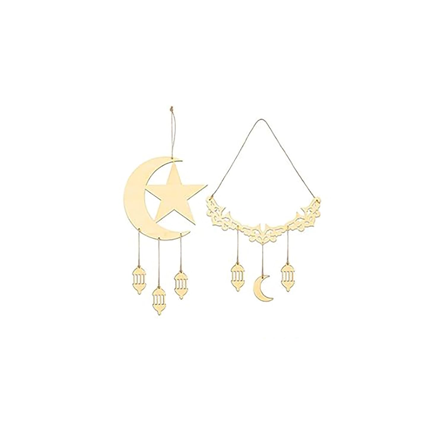 Decorative hanging items with crescent moon, star, and lantern designs on a white background.