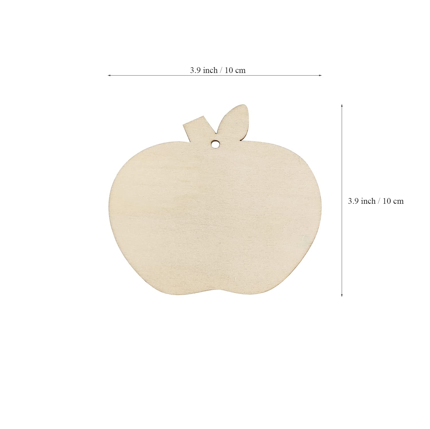 Unfinished wooden apple-shaped cutout with measurements on a white background