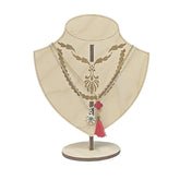 Beige necklace stand with a decorative necklace on a white background