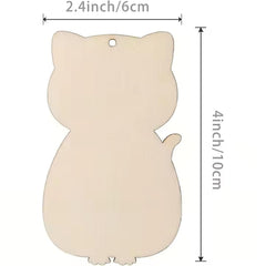 Wooden cat-shaped cutout with measurements on a white background