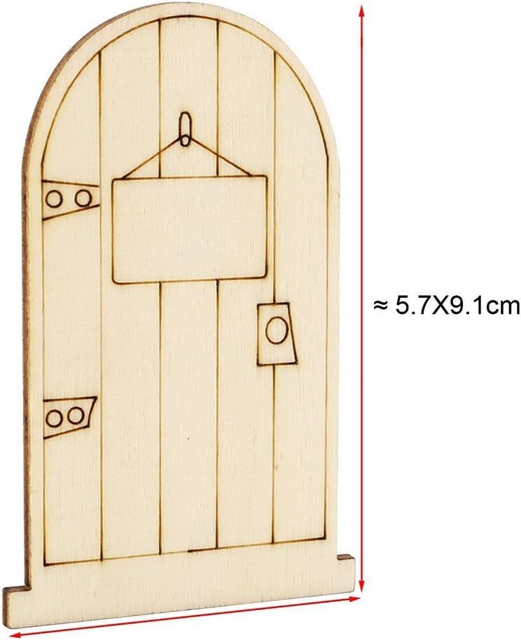 Wooden fairy door with measurements on a white background