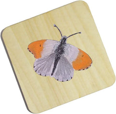 Butterfly coaster on a wooden surface