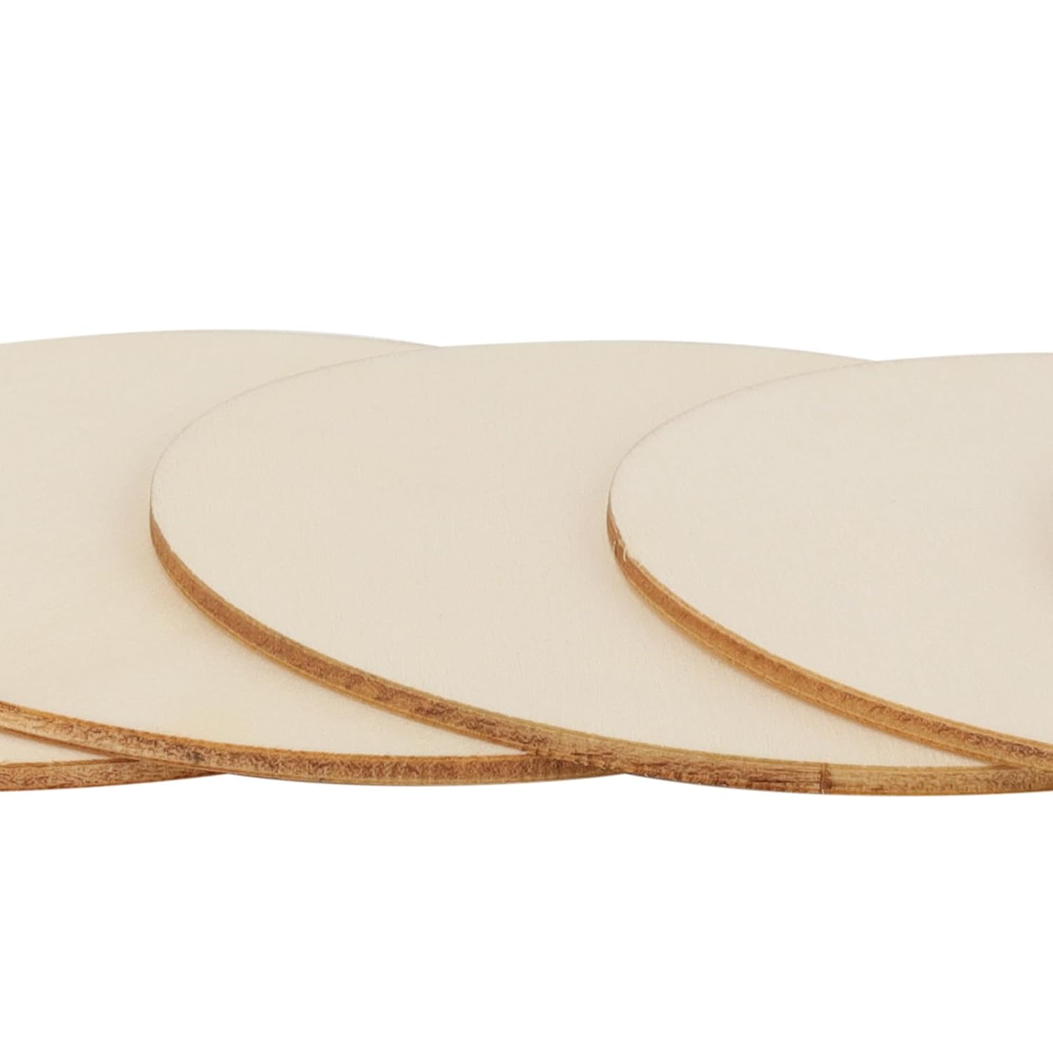 Three cardboard circles with a wooden border on a white background