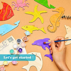 Cliths 28 Pcs Ocean Animal Wood Cutouts MDF Craft Blanks DIY Marine Creature Ornaments for Kids' Crafts & Beach Decor