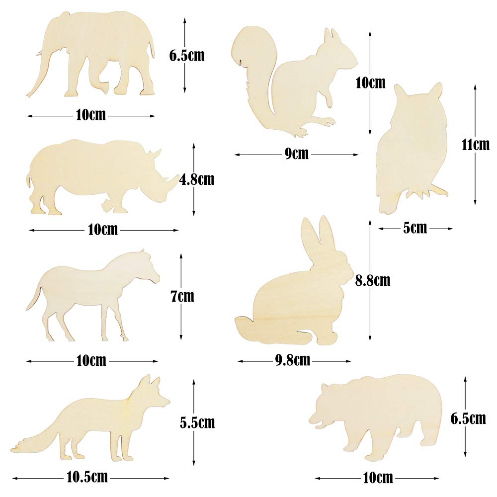 Set of wooden animal cutouts with measurements on a white background
