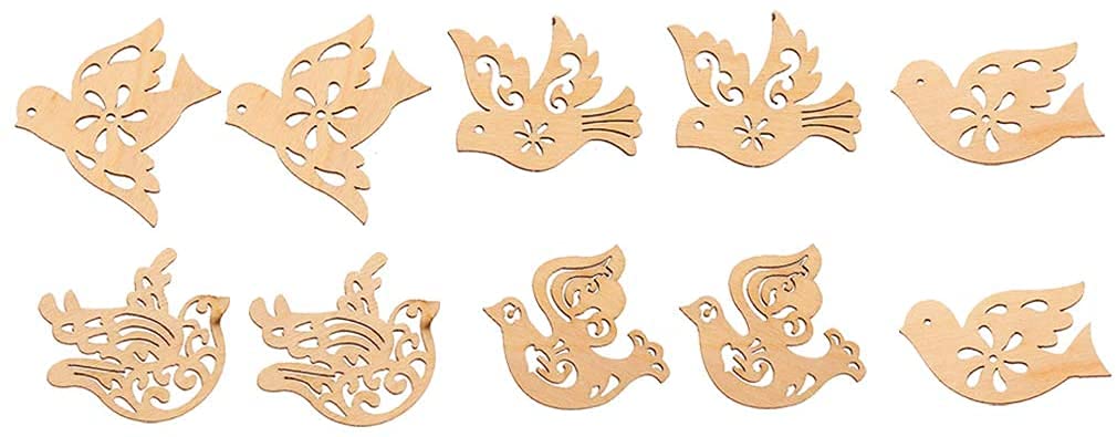 Set of wooden dove-shaped cutouts with various designs on a white background