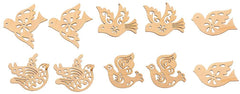 Set of wooden dove-shaped cutouts with various designs on a white background