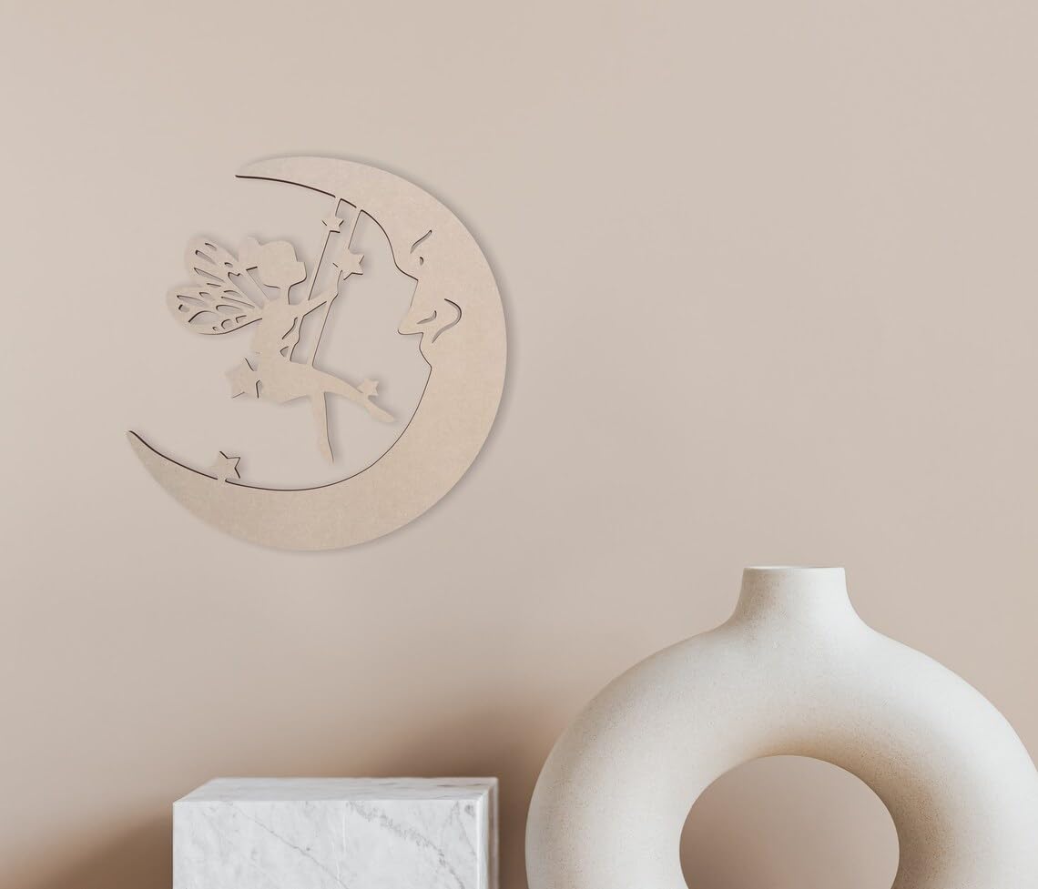Decorative wall piece with fairy on a moon shape above a white vase and box on a beige background