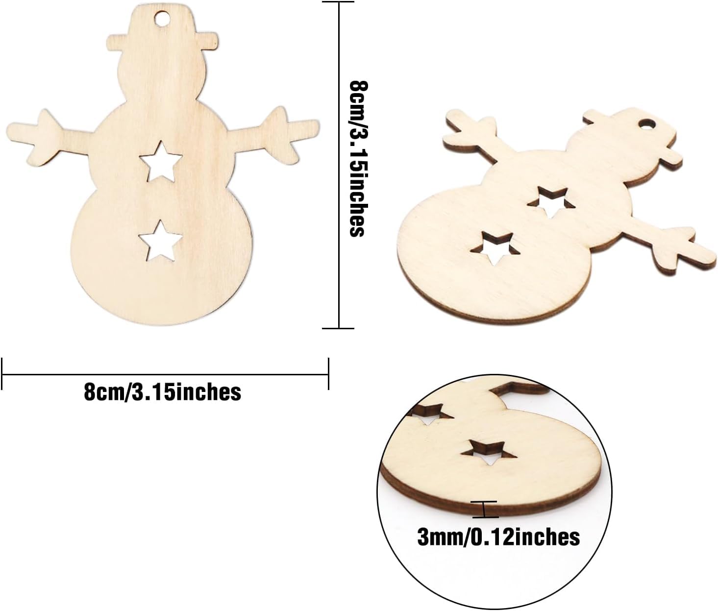 Wooden snowman-shaped cutouts with measurements on a white background