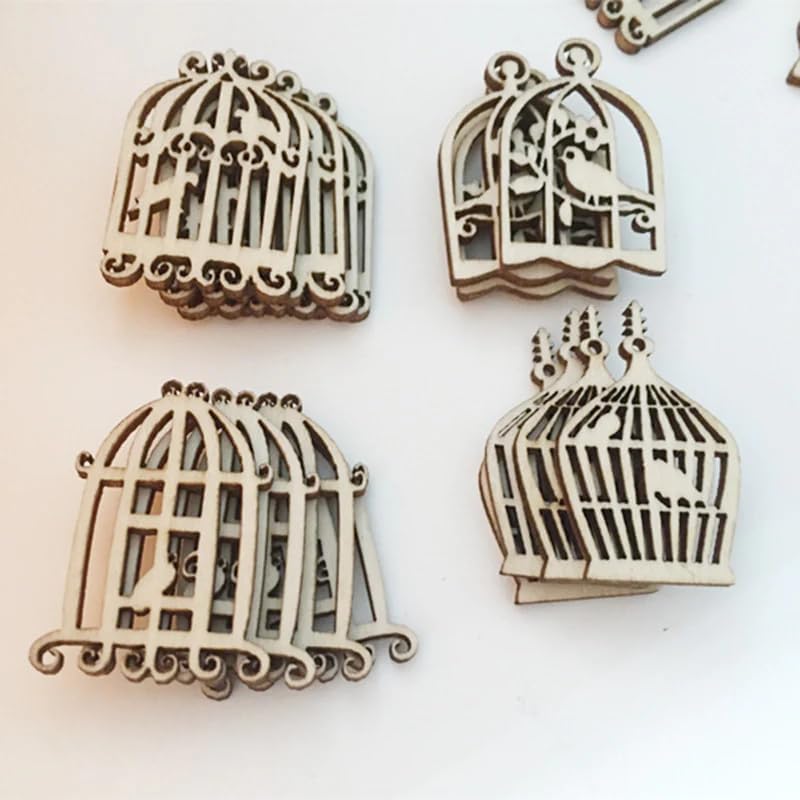 Wooden birdcage-shaped cutouts on a white background
