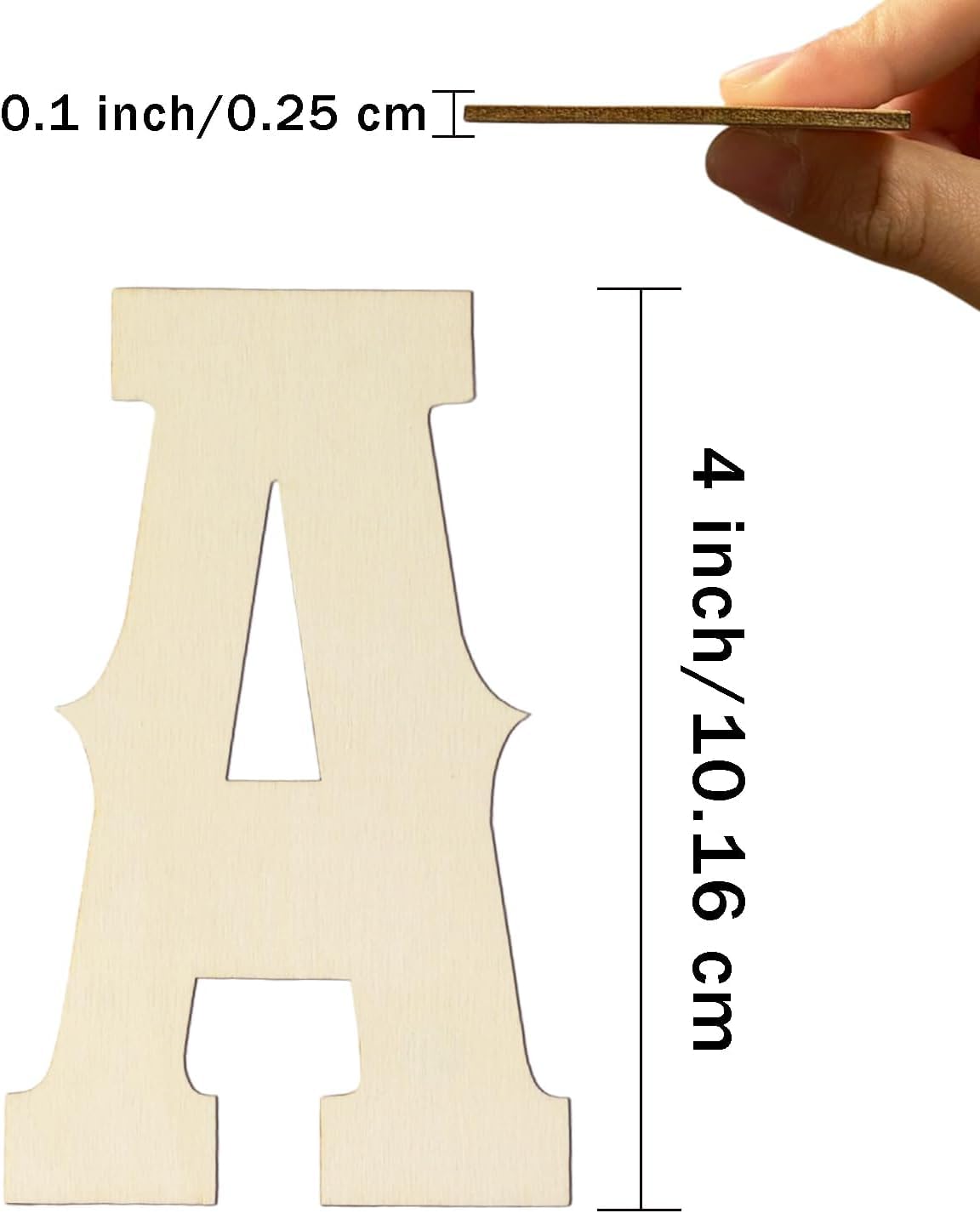 Wooden letter 'A' with measurements on a white background