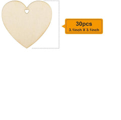 Heart-shaped wooden cutout with dimensions and quantity label on a white background