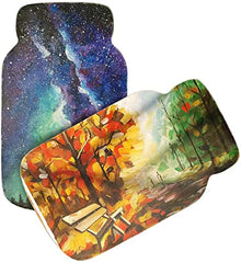 Two artistic hot water bottles with galaxy and forest designs on a white background
