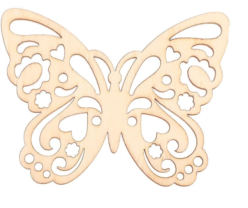 Wooden butterfly cutout with intricate design on a white background