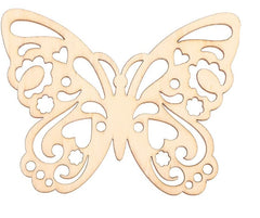 Wooden butterfly cutout with intricate design on a white background