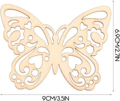 Wooden butterfly cutout with decorative patterns and measurements on a white background