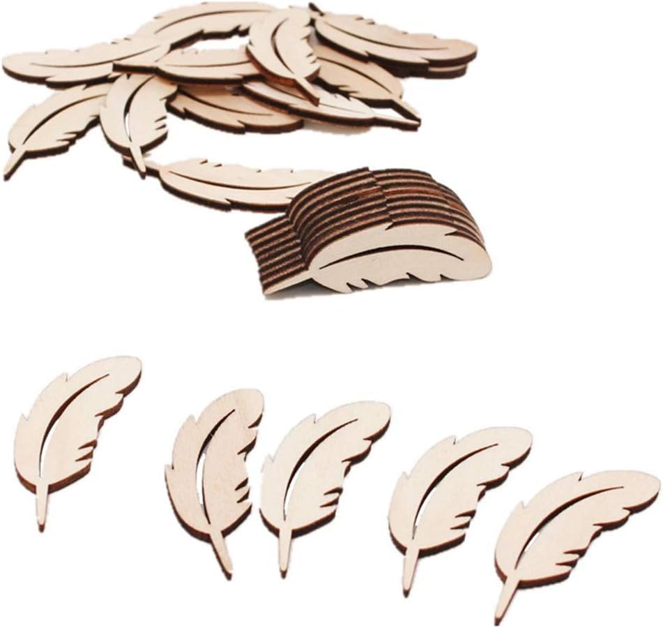 Wooden feather shapes on a white background