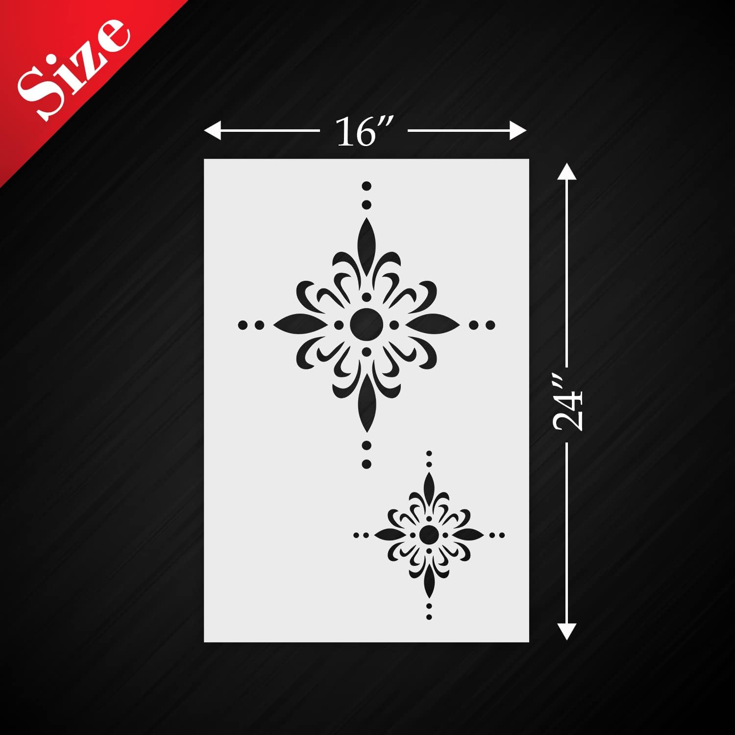 Decorative stencil with floral designs and measurements on a black background