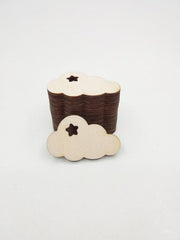 Wooden cloud and star-shaped cutouts on a white background