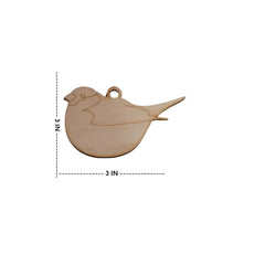 Wooden bird-shaped pendant with dimensions on a white background