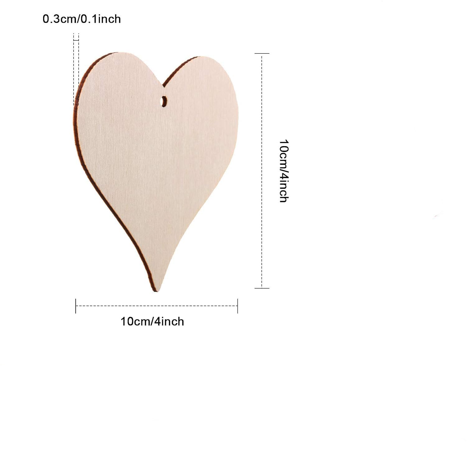 Heart-shaped wooden cutout with measurements on a white background