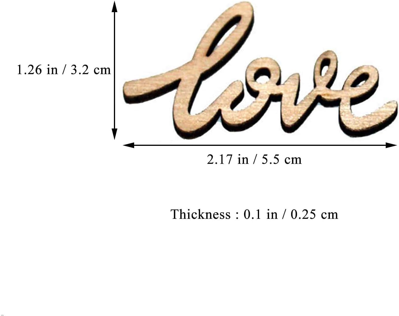 Wooden word 'love' with measurements on a white background