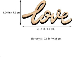 Wooden word 'love' with measurements on a white background