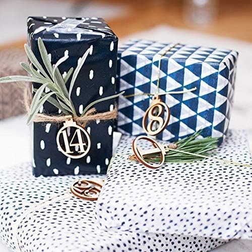 Two wrapped gifts with decorative ribbons and numbers on a patterned surface
