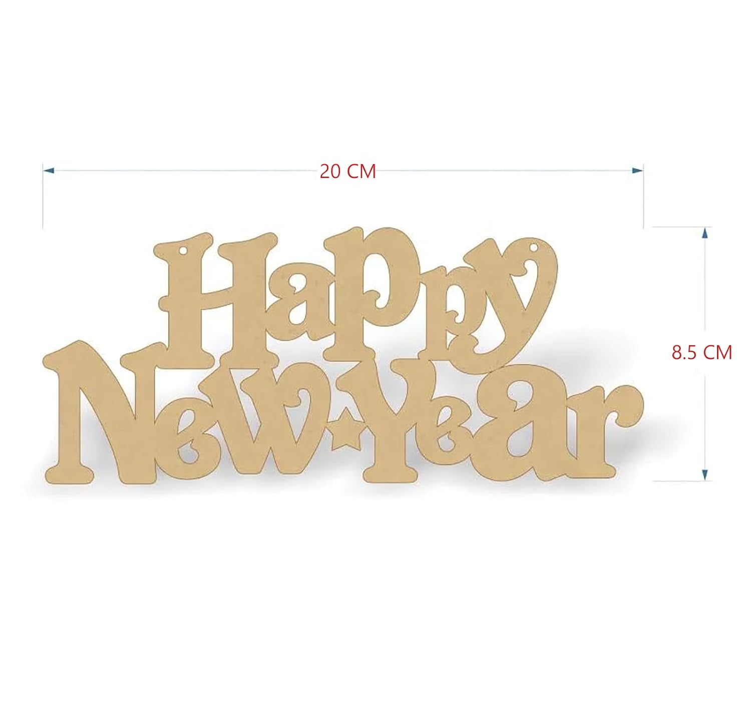 Wooden 'Happy New Year' decoration with measurements on a white background