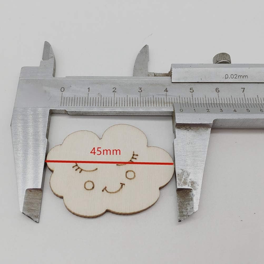 Wooden cloud-shaped object with a smiley face measurement using a vernier caliper on a white background.