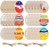 Set of wooden Easter decorations with colorful designs and tassels.