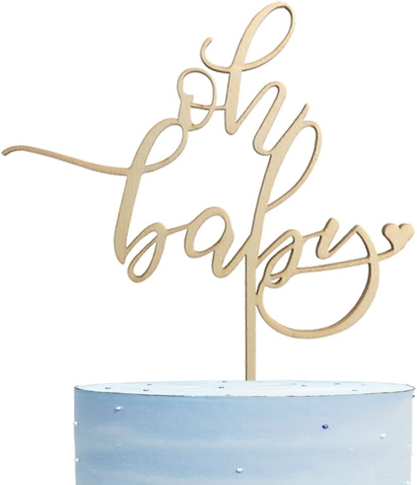 Wooden 'Oh Baby' cake topper on a white background