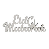 Metallic 'Eid Mubarak' sign with star and crescent on a white background