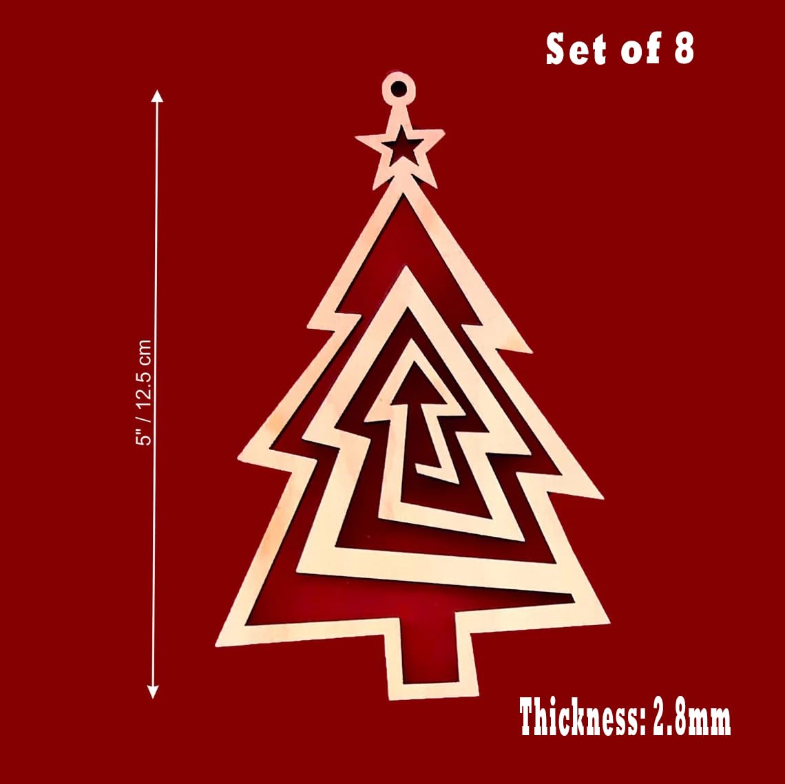 Wooden Christmas tree ornament set on a red background with measurements and thickness details.