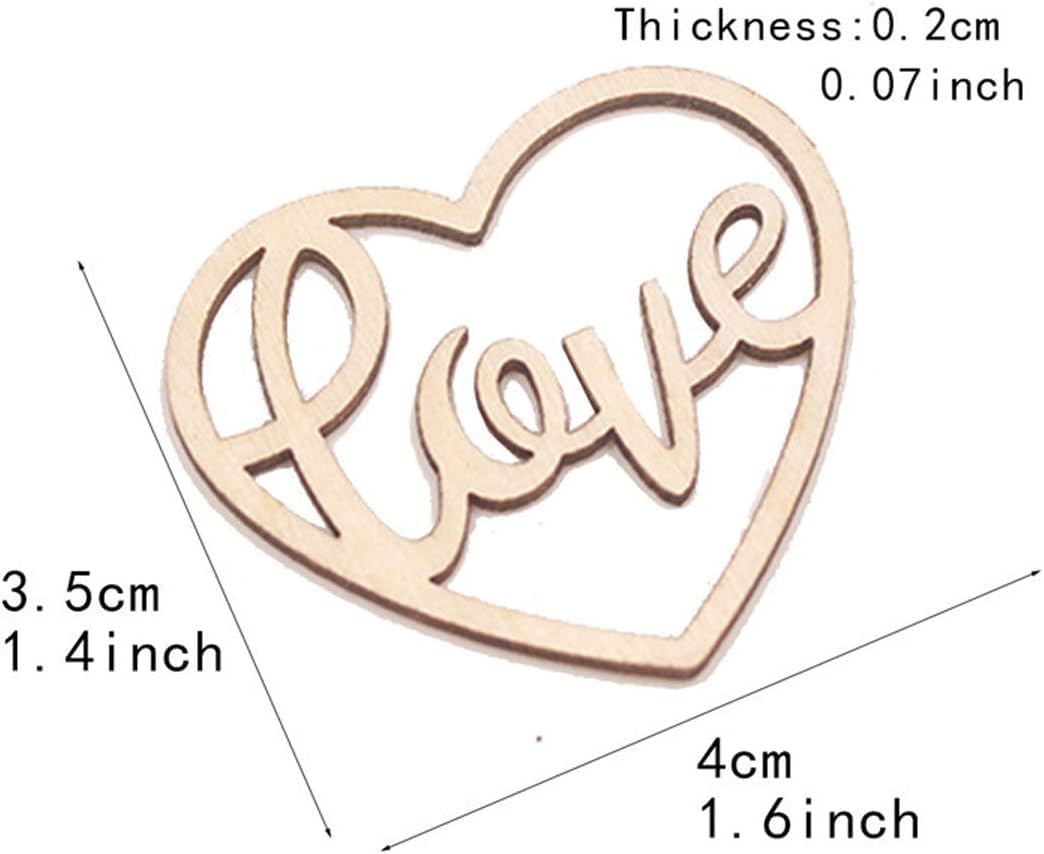 Heart-shaped wooden cutout with 'love' text, showing measurements on a white background.