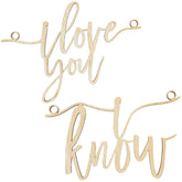 Wooden cutout phrase 'I love you know' on a white background