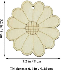 Wooden flower-shaped cutout with measurements on a white background