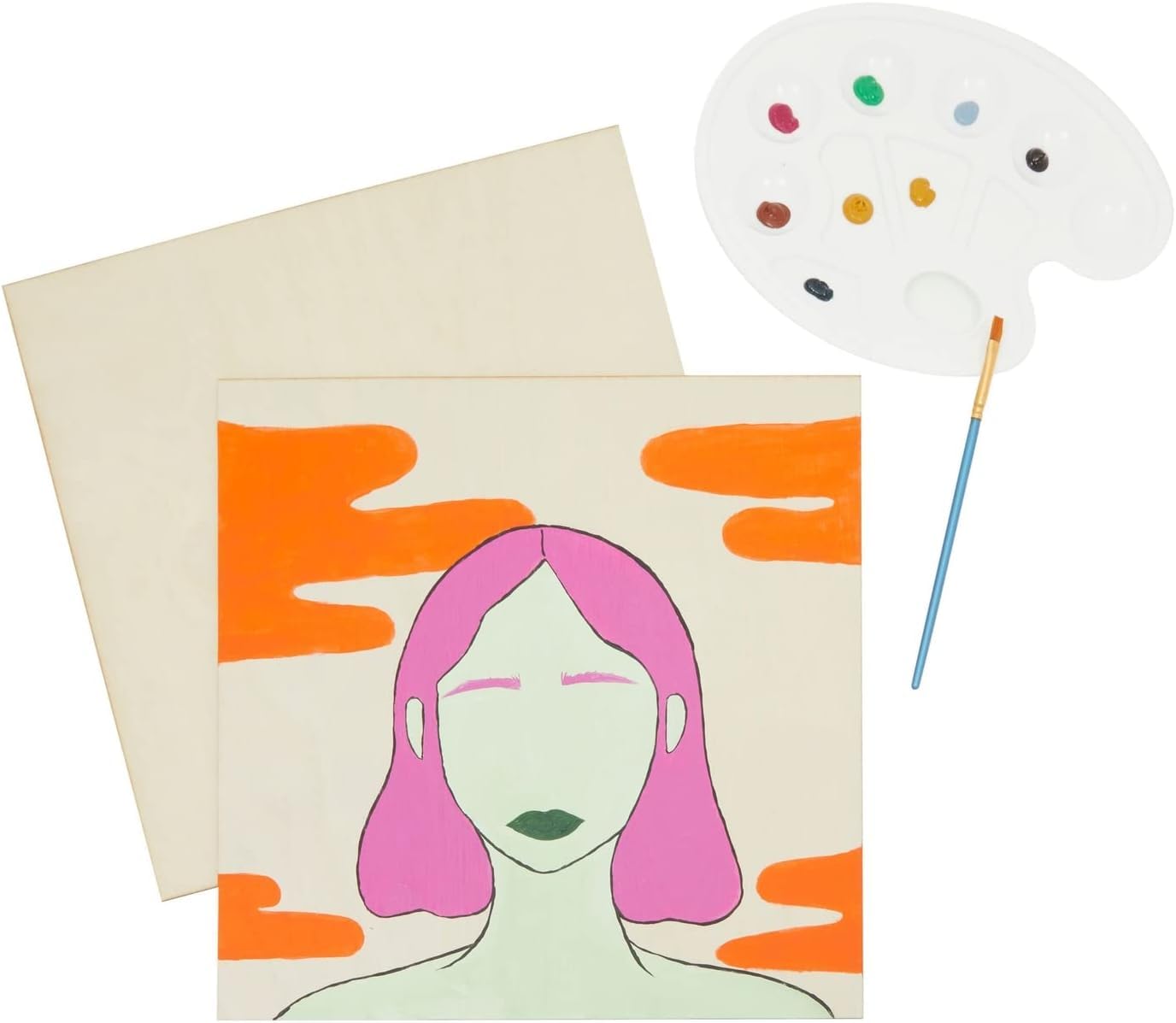 Artistic illustration of a person with pink hair on a beige background, accompanied by a paint palette and brush.