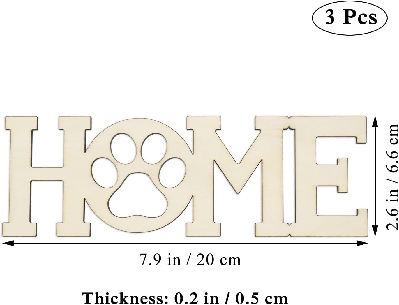 Decorative sign with 'HOME' and a paw print, featuring dimensions and packaging details.