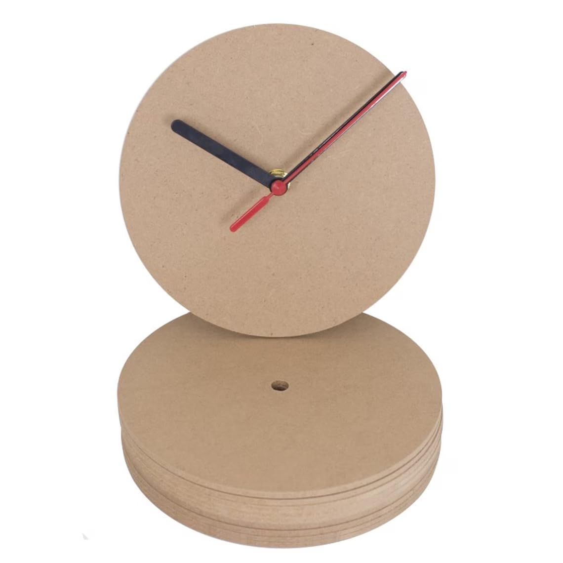 Brown paper clock with black and red hands on a white background